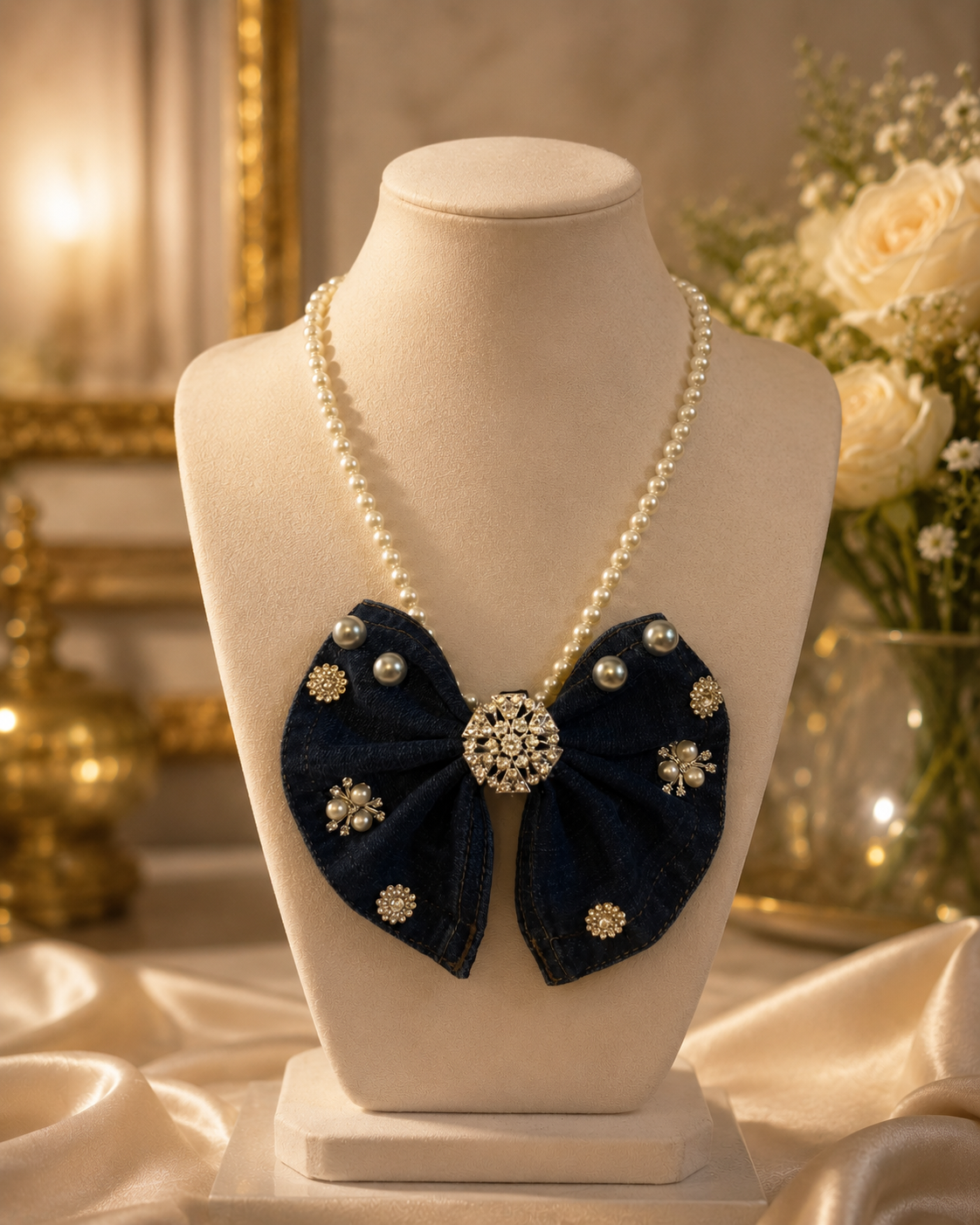 Denim Pearl Elegance Bow Tie Necklace