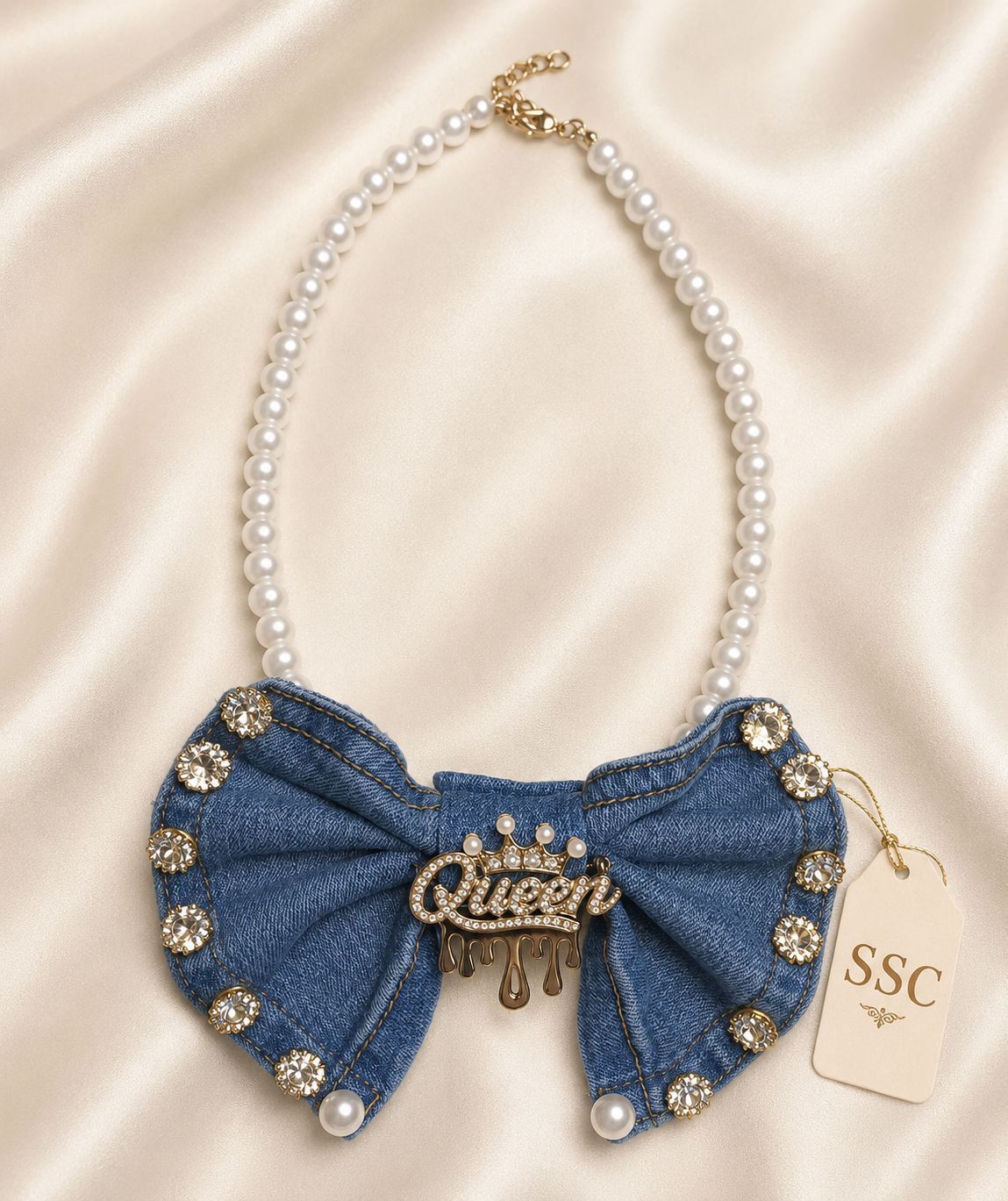 Denim Queen Drip Statement Bow (Gold)
