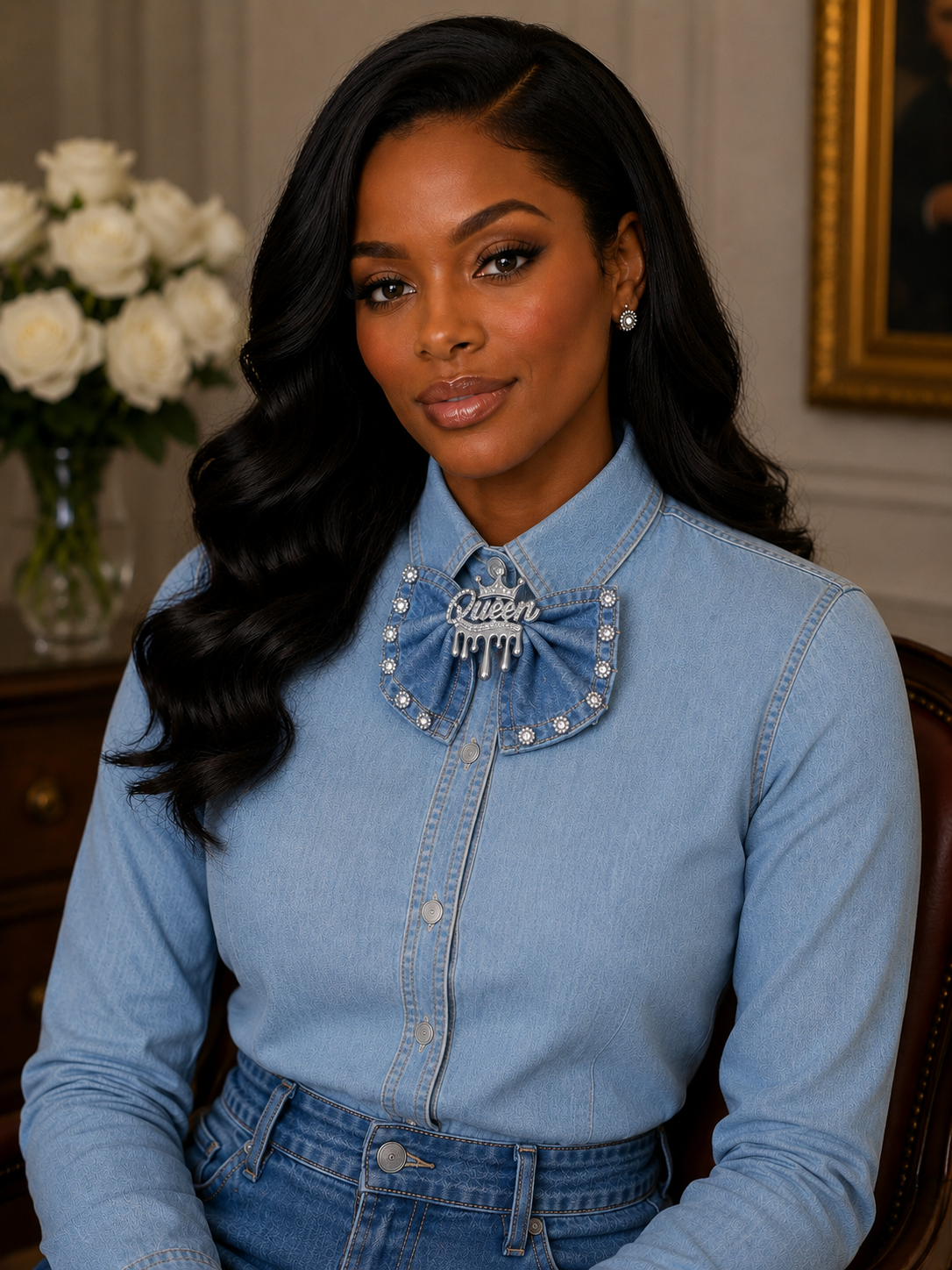 Denim Queen Drip Statement Bow