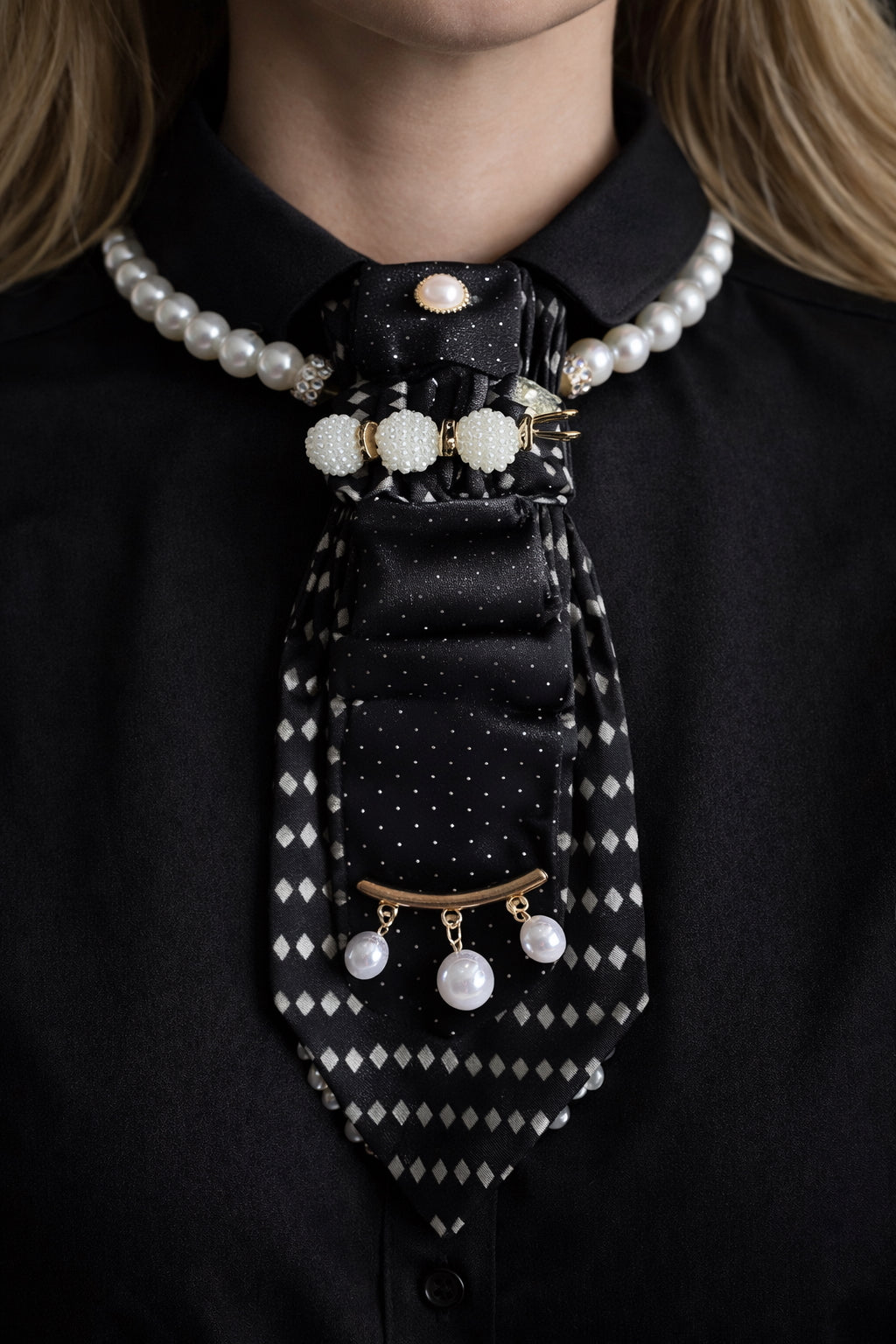 Pearl-Embellished Statement Tie | Black & Ivory Ladies Swag Tie