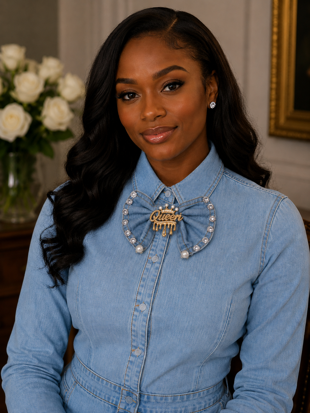Denim Queen Drip Statement Bow (Gold)