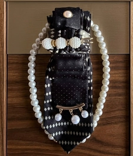 Pearl-Embellished Statement Tie | Black & Ivory Ladies Swag Tie